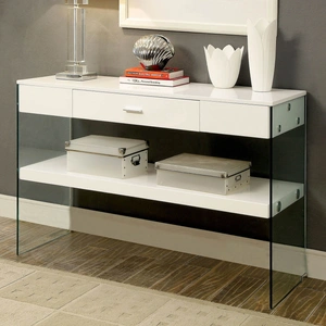 Furniture of America Raya Glass/Wood Storage Sofa Table, White