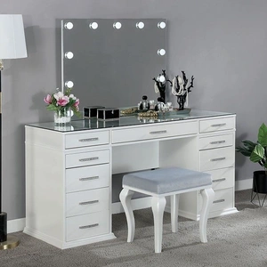 Furniture of America Valentina Glass/Wood Storage Vanity Dresser w/11 Drawers & Stool
