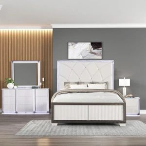 Galaxy Home Furnishings Fabio PU/Wood Panel Bedroom Set w/LED Light, White