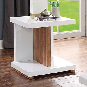 Furniture of America Moa Wood Gloss Storage End Table, White/Natural Tone