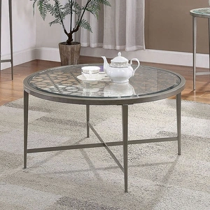 Furniture of America Freja Glass/Steel Round Coffee Table Set, Silver