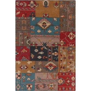 Chandra Fusion Wool Rectangular Hand-knotted Rug, Red/Blue/Beige/Brown/Black