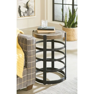 Hammary Hidden Treasures Round Wood Veneer/Metal Barrel Strap End Table, Brown/Black