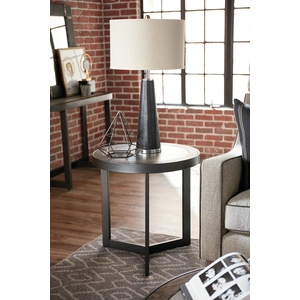 Hammary Graystone Wood Veneer/Metal Round End Table, Rustic Dark Oak/Wrought Iron Metal