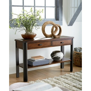 Hammary Slaton Warm Wood/Metal Sofa Table w/2 Drawers, Mocha/Black