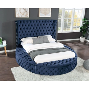Galaxy Home Furnishings Hazel Fabric Upholstered Storage Queen Size Bed with USB Ports & Bluetooth Speakers, Navy