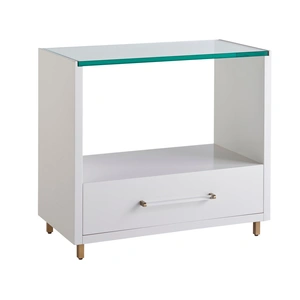 Universal Furniture Peony Wood Glass Top Nightstand w/Drawer, White Lacquer