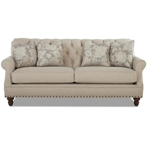 Klaussner Burbank Fabric Tufted Sofa w/Pillows, Amigo Granite/Dash Latte/Pewter