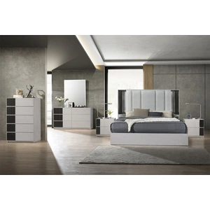 J&M Furniture Lucia Leatherette Bedroom Set w/LED, Grey/Black
