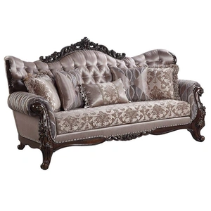 ACME Benbek Fabric/Wood Tufted Sofa w/Pillows, Beige/Antique Oak