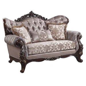 ACME Benbek Fabric/Wood Tufted Loveseat w/Pillows in Beige/Antique Oak