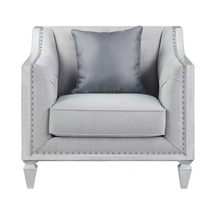 ACME Katia Linen Fabric/Wood Tufted Chair w/Pillows in Light Gray