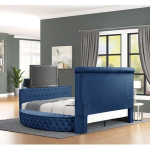 Galaxy Home Furnishings Maya Velvet Upholstered Queen Size Bed with TV Stand, Blue
