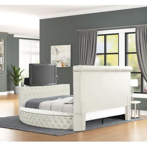 Galaxy Home Furnishings Maya Velvet Upholstered Queen Size Bed with TV Stand, Cream