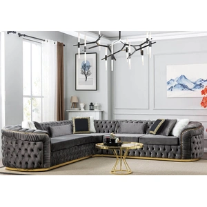 Empire Furniture, USA Washington Tufted Velvet L-Shape Sectional Sofa, Gray