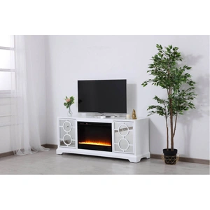 Elegant Lighting Modern 60-inch Mirrored TV Stand with Crystal Fireplace Insert, White