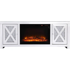 Elegant Lighting Modern 59-inch TV Stand with Wood Log Insert Fireplace, Clear Crystal Mirror