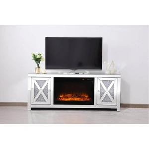Elegant Lighting Modern 59-inch TV Stand with Wood Log Insert Fireplace, Clear Crystal Mirror