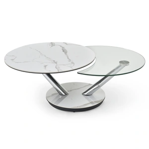 J&M Furniture Moon Glass/Marble Dual Swivel Top Coffee Table, White/Chrome