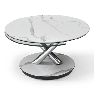 J&M Furniture Moon Glass/Marble Dual Swivel Top Coffee Table, White/Chrome