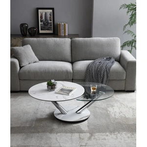 J&M Furniture Moon Glass/Marble Dual Swivel Top Coffee Table, White/Chrome
