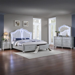 Galaxy Home Furnishings Mystic Wood Panel Storage Bedroom Set w/LED Light, Silver