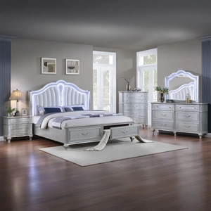 Galaxy Home Furnishings Mystic Wood Panel Storage Bedroom Set w/LED Light, Silver