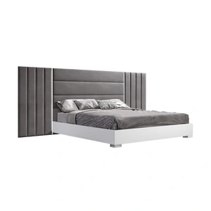 J&M Furniture Nina Premium Wood Veneer Bed with Tufted Velvet Headboard, White High Gloss/Grey