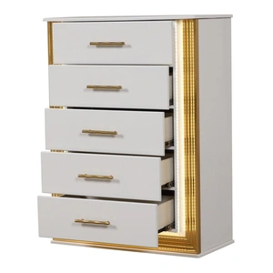Galaxy Home Furnishings Obsession 5-Drawer Wood Veneer Chest with LED Lighting, White/Gold