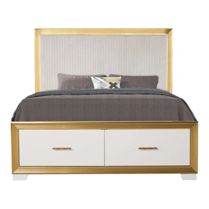 Galaxy Home Furnishings Obsession Bed with Fabric Upholstered Headboard, Storage Drawers & LED Lighting, White/Gold