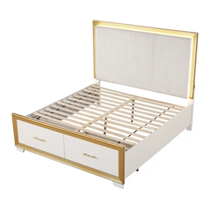 Galaxy Home Furnishings Obsession Bed with Fabric Upholstered Headboard, Storage Drawers & LED Lighting, White/Gold
