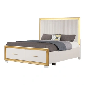 Galaxy Home Furnishings Obsession Bed with Fabric Upholstered Headboard, Storage Drawers & LED Lighting, White/Gold