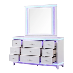 Galaxy Home Furnishings Opium 9-Drawer Wood Veneer Dresser with LED Lighting, Milky White