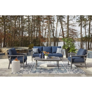 Ashley Furniture Gali Aluminum/Polyester 3-Piece Patio Set, Gray/Blue
