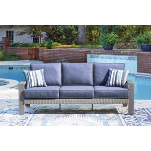 Ashley Furniture Half Moon Beach Resin Wicker/Aluminum Sofa with Cushion, Blue/Gray