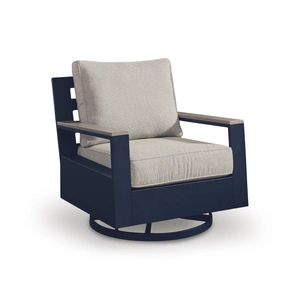 Ashley Furniture East Beach HDPE/Polyester Swivel Glider Chair with Cushion, Navy Blue/Driftwood