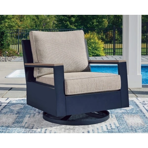 Ashley Furniture East Beach HDPE/Polyester Swivel Glider Chair with Cushion, Navy Blue/Driftwood