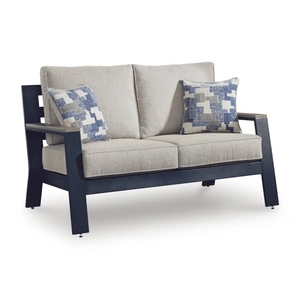 Ashley Furniture East Beach HDPE/Polyester Loveseat with Cushion, Navy Blue/Driftwood