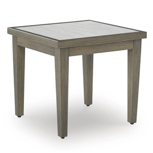Ashley Furniture Rainier Ranch Square Aluminum/Faux Stone End Table, Brown/Beige