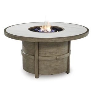 Ashley Furniture Rainier Ranch Round Faux Stone/Aluminum Fire Pit Table, Beige