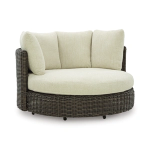 Ashley Furniture Kimora Resin Wicker/Aluminum Swivel Lounge Chair with Cushion, Beige/Dark Brown
