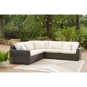 Ashley Furniture Kimora L-Shaped Resin Wicker/Aluminum 3-Piece Outdoor Sectional, Beige/Dark Brown