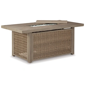 Ashley Furniture Beachcroft Outdoor Resin Wicker Rectangular Fire Pit Table, Beige