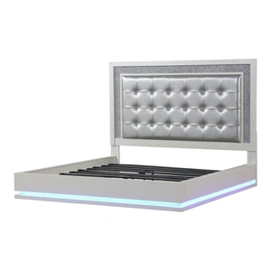 Galaxy Home Furnishings Passion Bed with Leatherette Upholstered Headboard & LED Lighting, Milky White