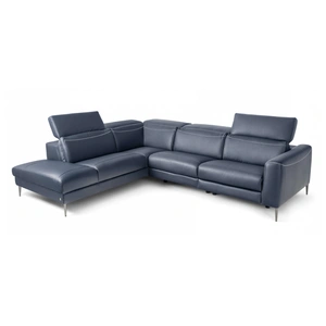 Nordholtz Pauline Leather L-Shaped Sectional Sofa w/ Power Recliner, Blue