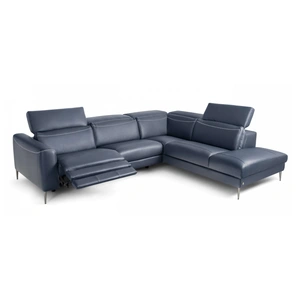 Nordholtz Pauline Leather L-Shaped Sectional Sofa w/ Power Recliner, Blue