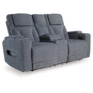 Ashley Furniture Studio Cave Polyester Power Reclining Loveseat w/Console & Adjustable Headrests, Steel