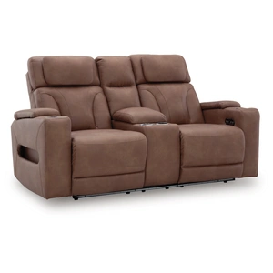 Ashley Furniture Clean-Slate Faux Leather Power Reclining Loveseat w/Console & Adjustable Headrests, Caramel