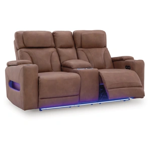 Ashley Furniture Clean-Slate Faux Leather Power Reclining Loveseat w/Console & Adjustable Headrests, Caramel