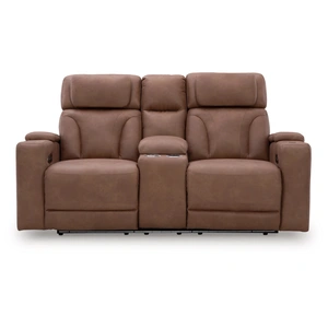 Ashley Furniture Clean-Slate Faux Leather Power Reclining Loveseat w/Console & Adjustable Headrests, Caramel